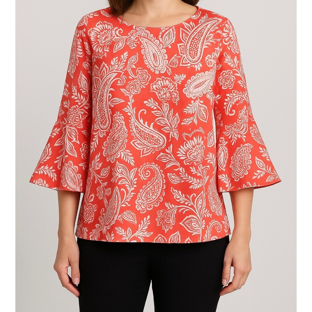 Ruby Rd Petite PM Coral White Paisley Bell Sleeve Top Boho Stretch Knit Shirt